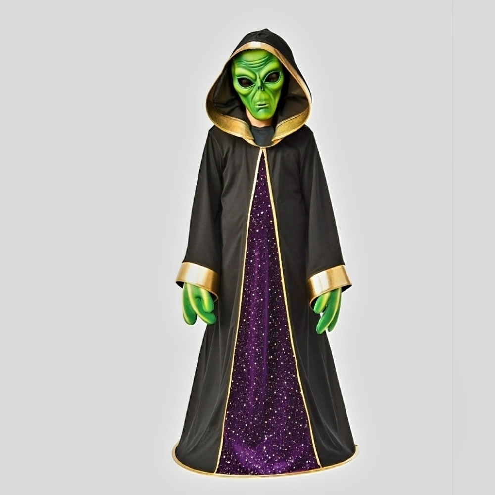 New Alien Halloween Costume, Boys / girls, green, gold, black Robe Mask Gloves